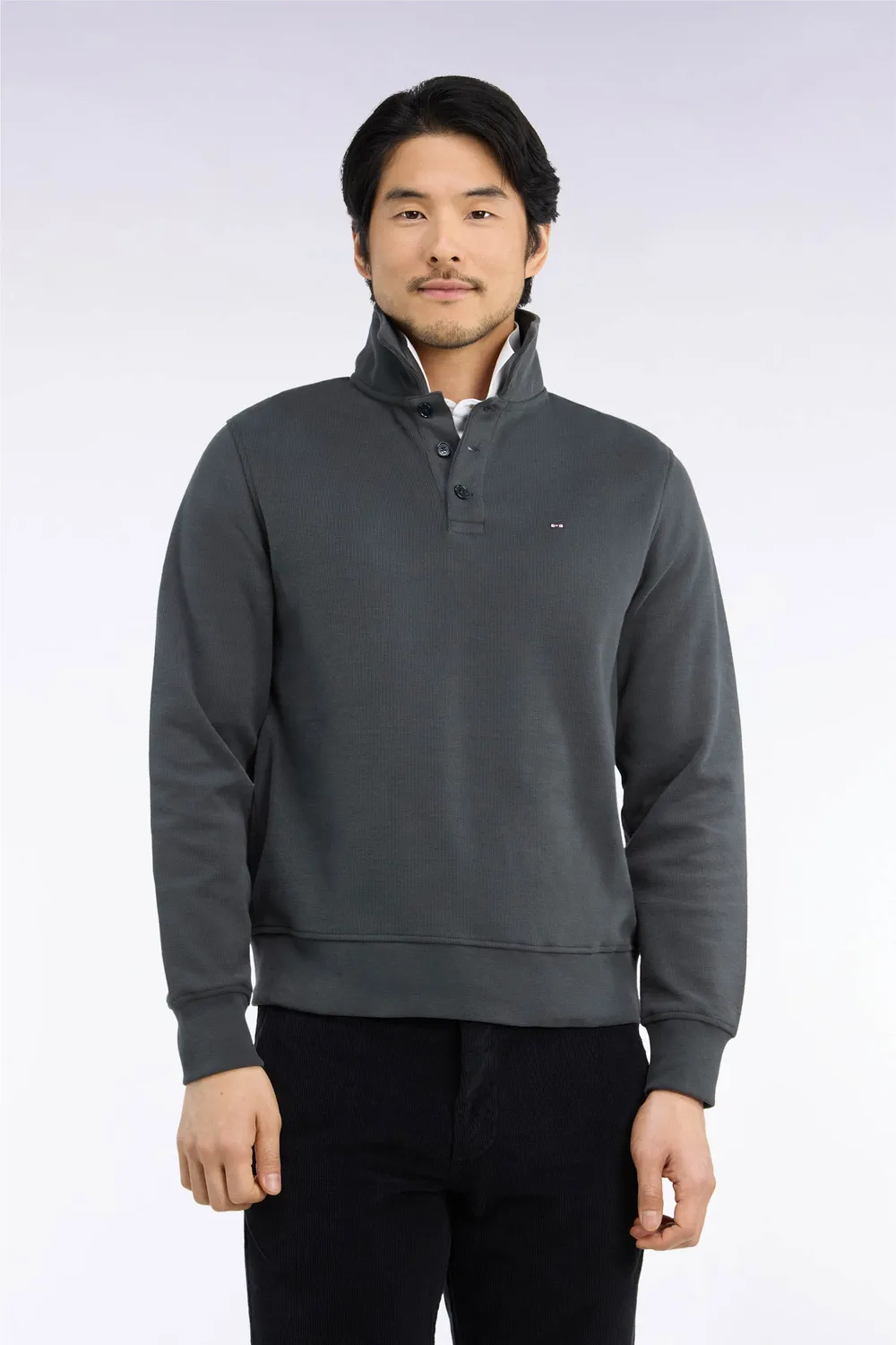 Eden Park sweat col polo kaki sweat droit molleton coton