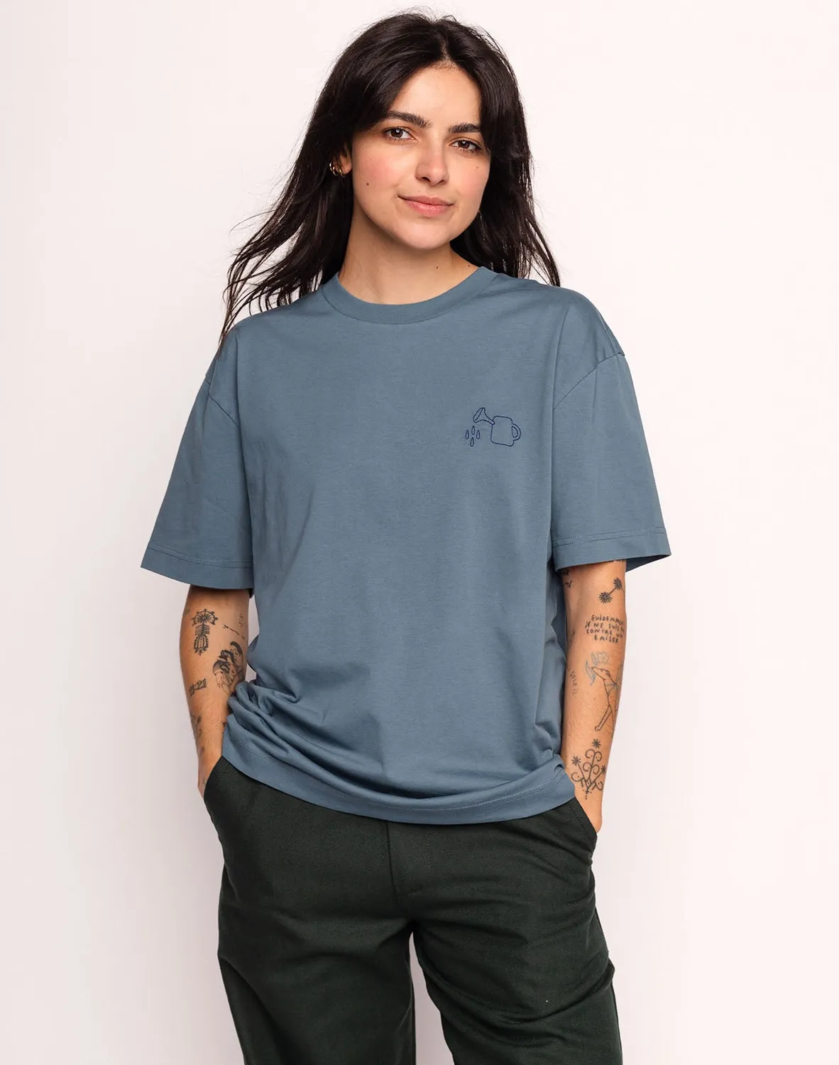 OLOW Feed My Garden t-shirt bleu acier coton bio ample