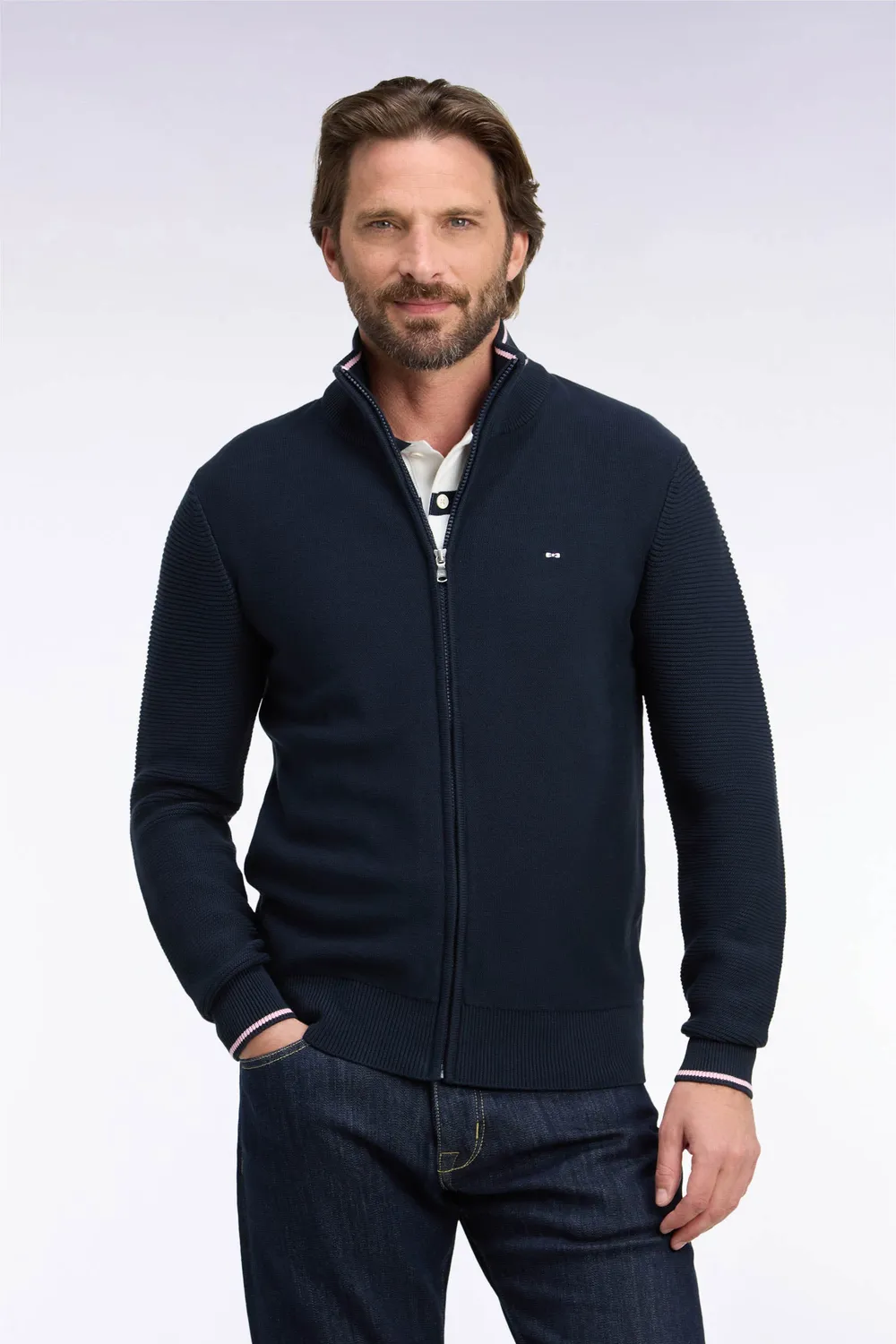 Eden Park cardigan jersey coton marine zippé broderie dos