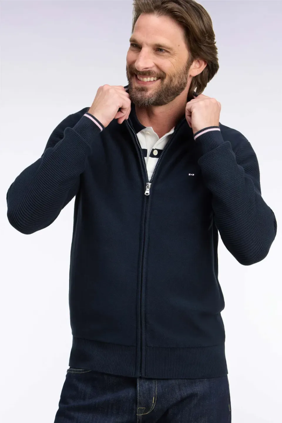 Eden Park cardigan jersey coton marine zippé broderie dos