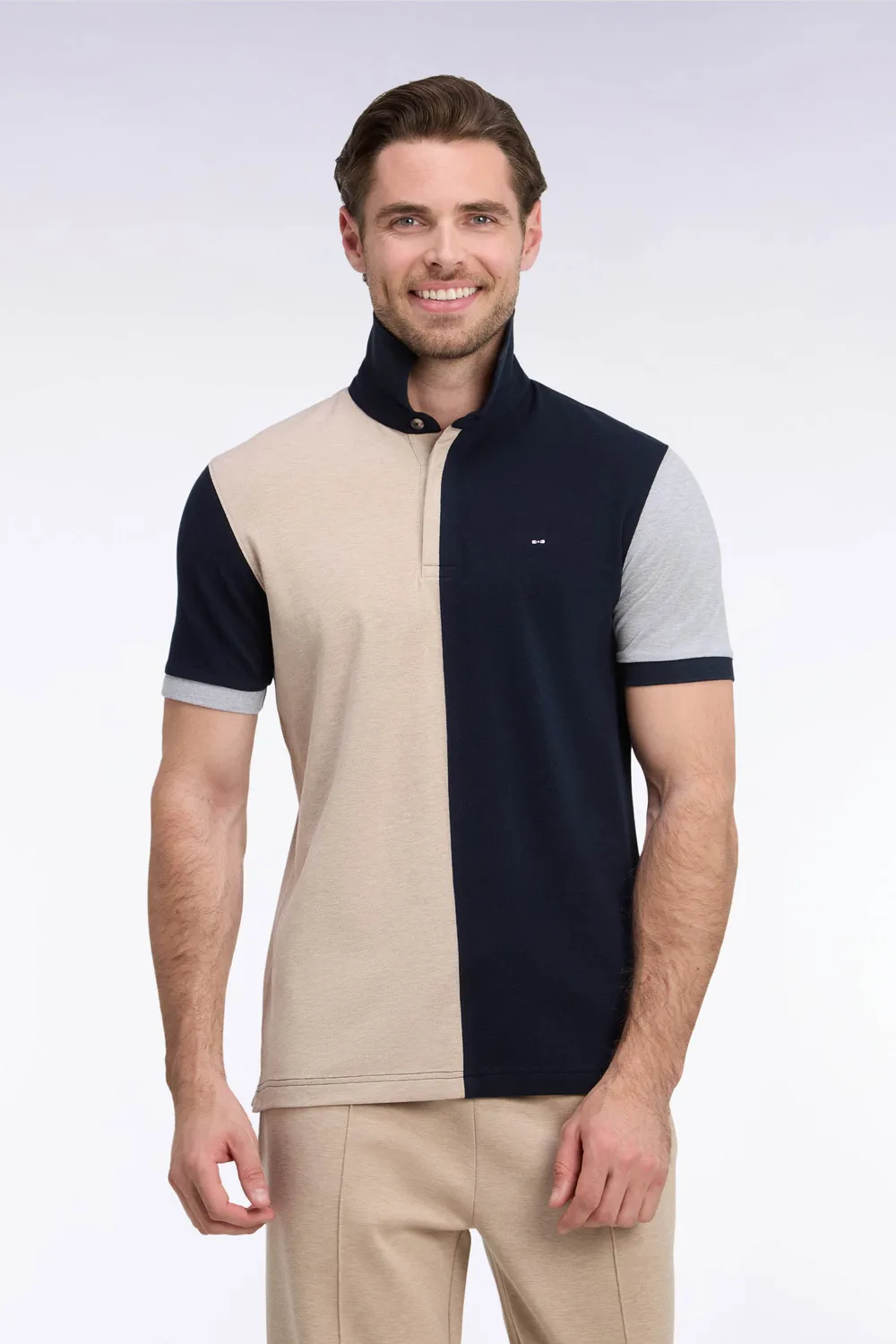 Eden Park polo beige tricolore coton peigne coupe droite