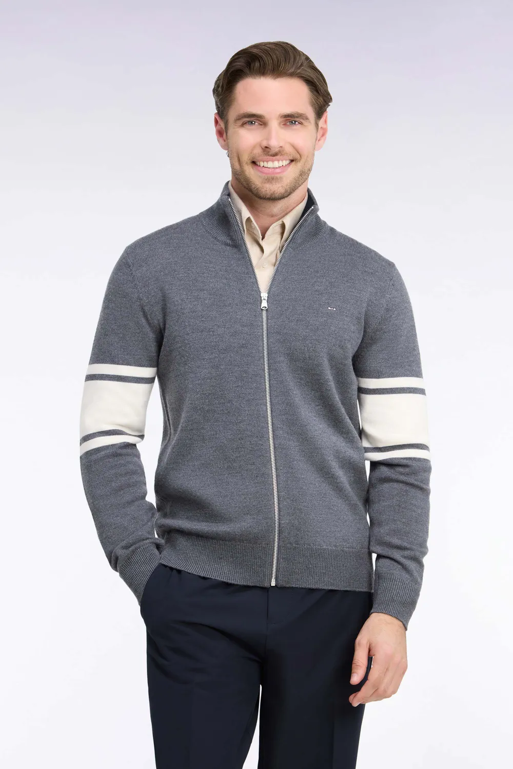 Eden Park Club Evolution cardigan mérinos gris zippé