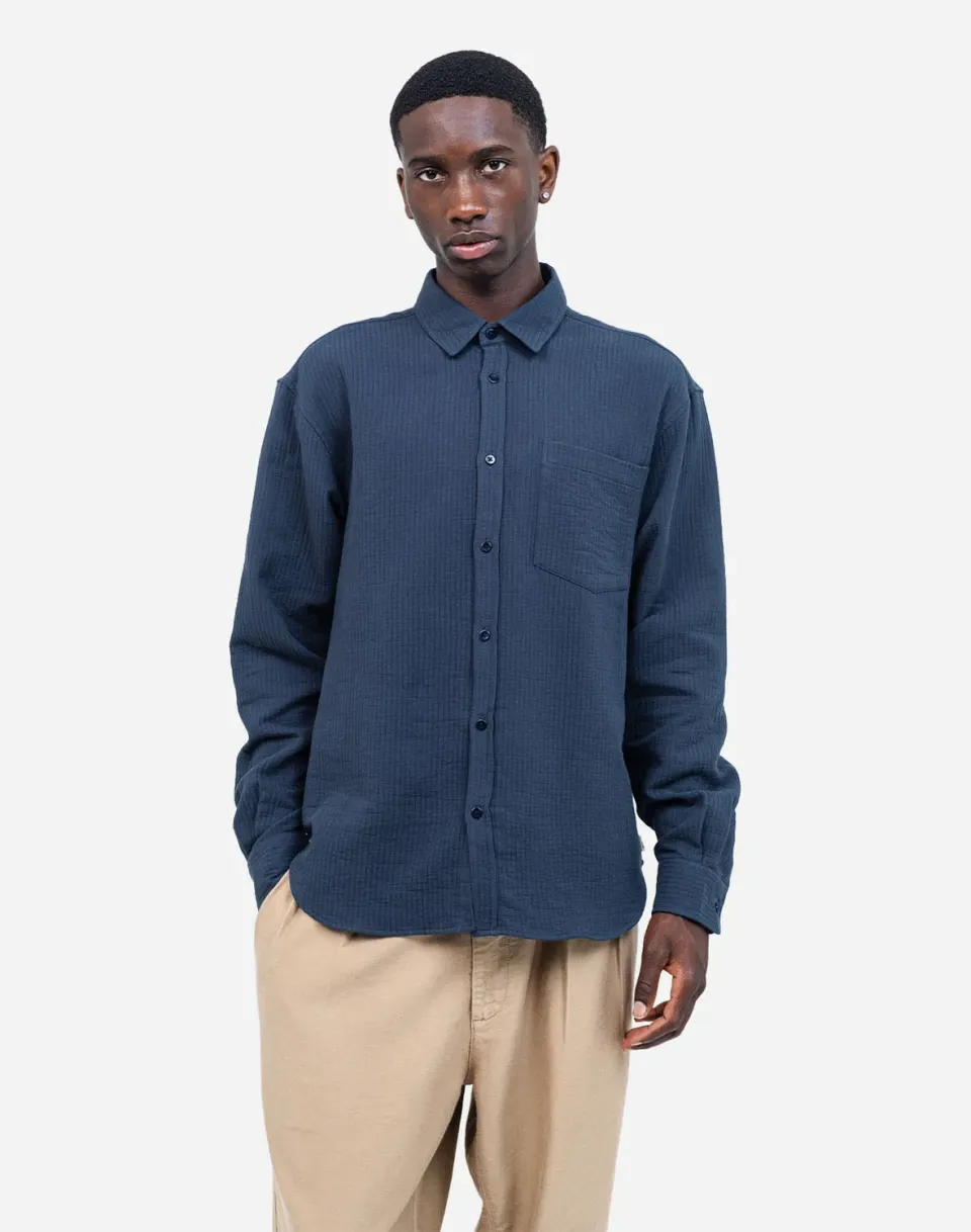 OLOW Nago chemise bleu nuit gaze de coton surpiqûres