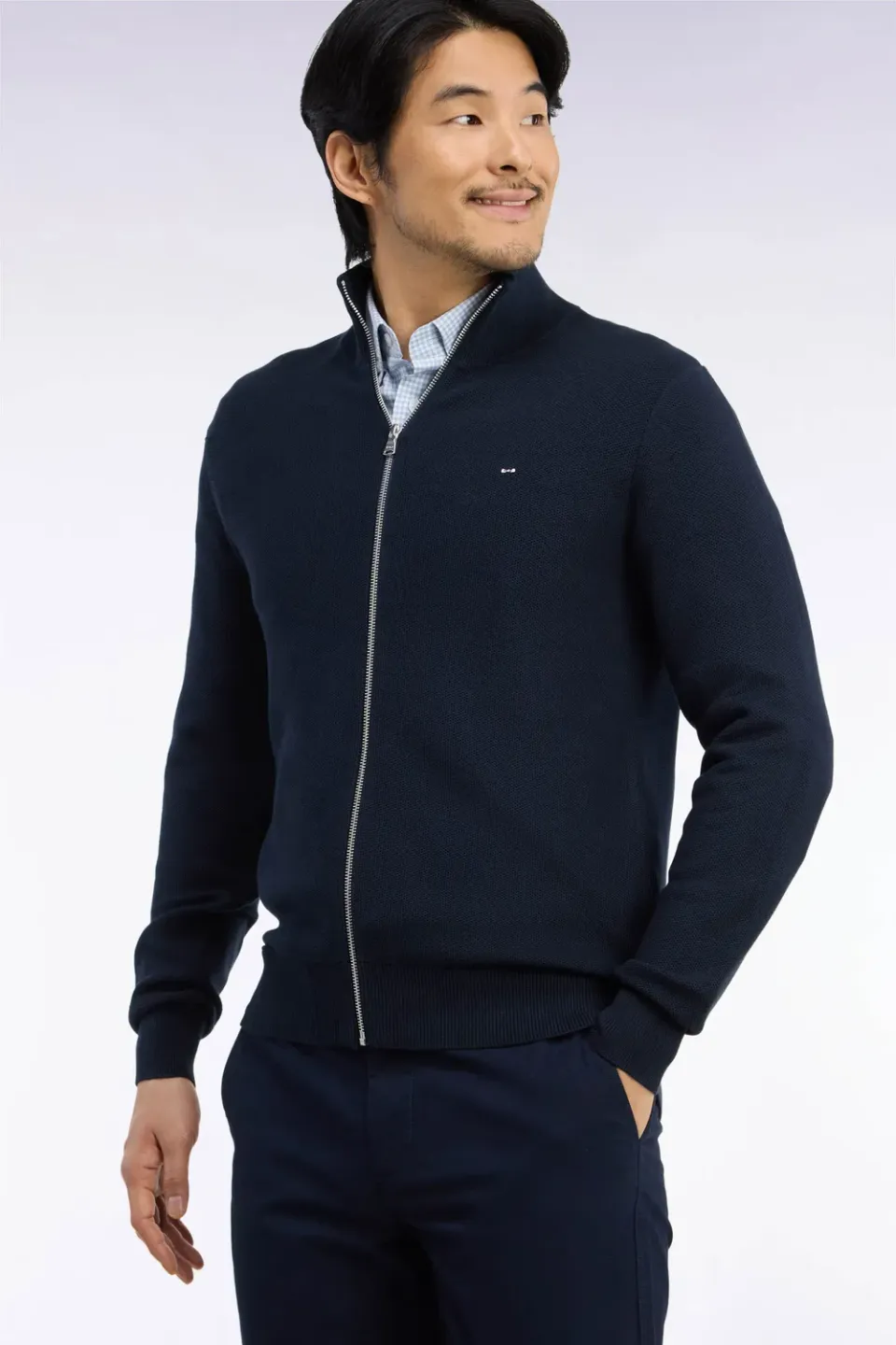 Eden Park Cardigan Zippé Coton Nid d'Abeille Marine Homme
