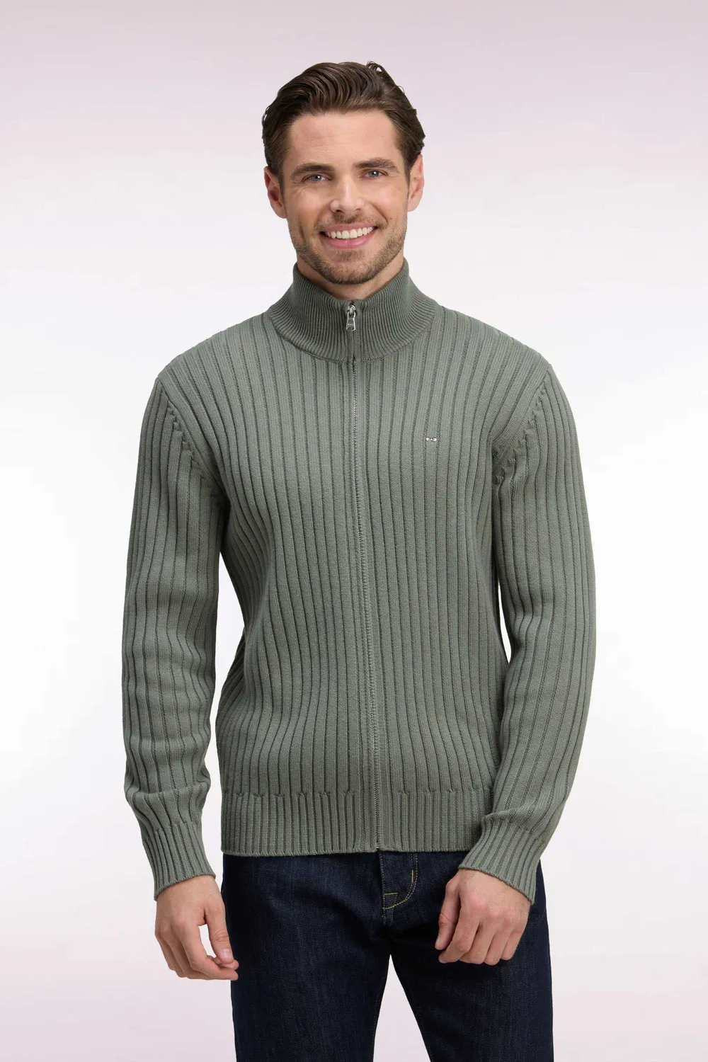 Eden Park cardigan zippé col camionneur kaki laine coton
