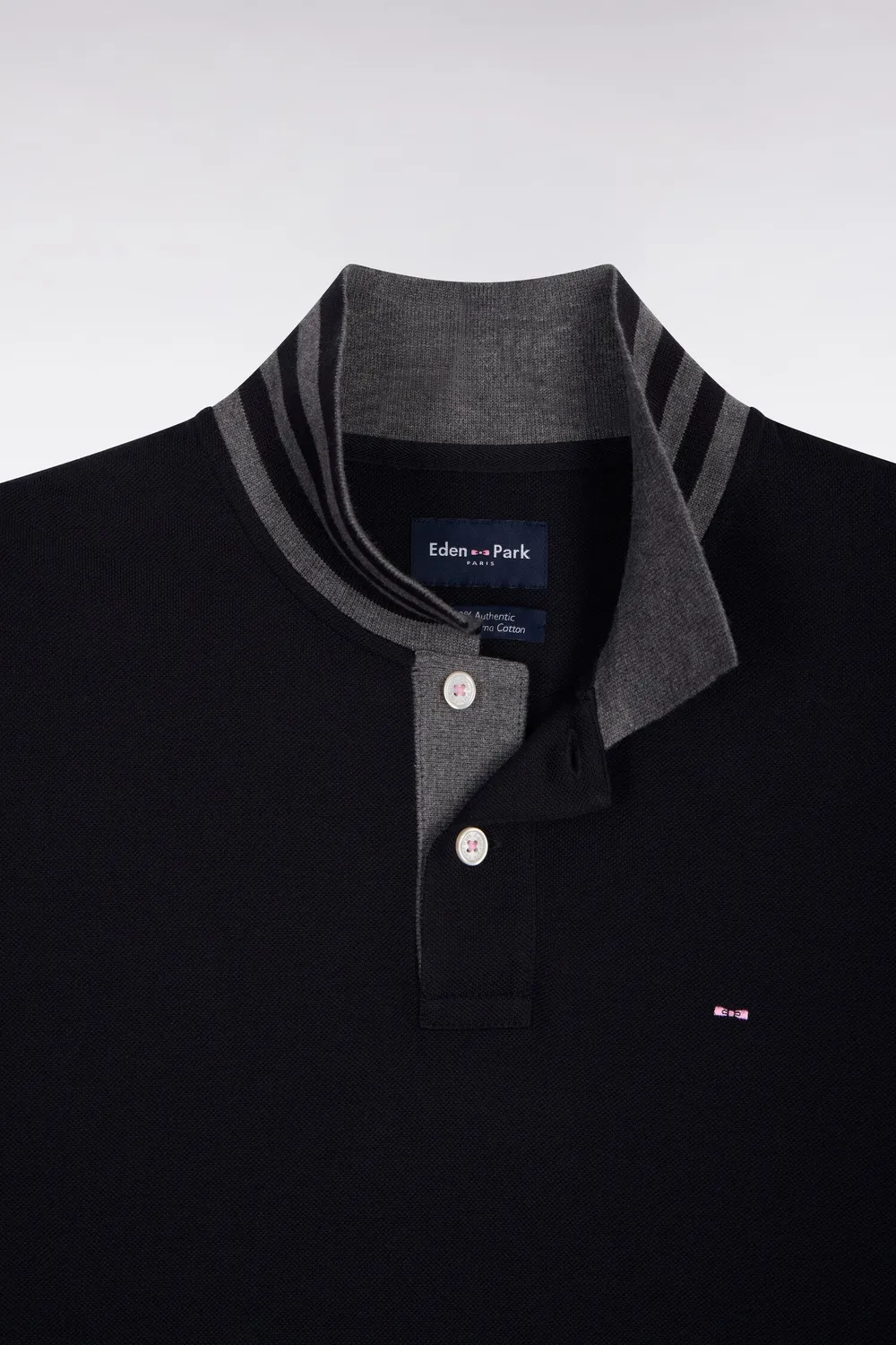 Eden Park polo manches longues noir coton pima col contraste
