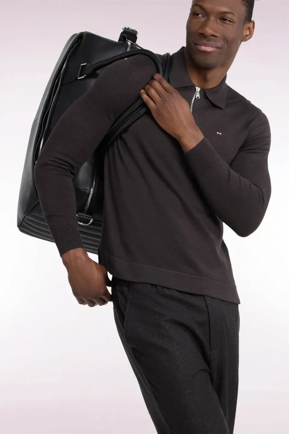 Eden Park Après Match pull col polo zippé marron coupe droite