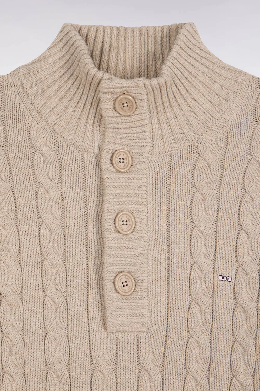 Eden Park pull homme beige torsades coton col boutonné droit