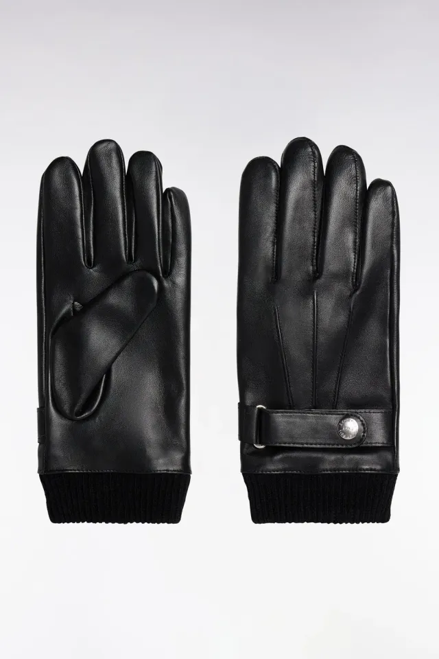 Eden Park gants cuir lisse noirs poignets tricotés