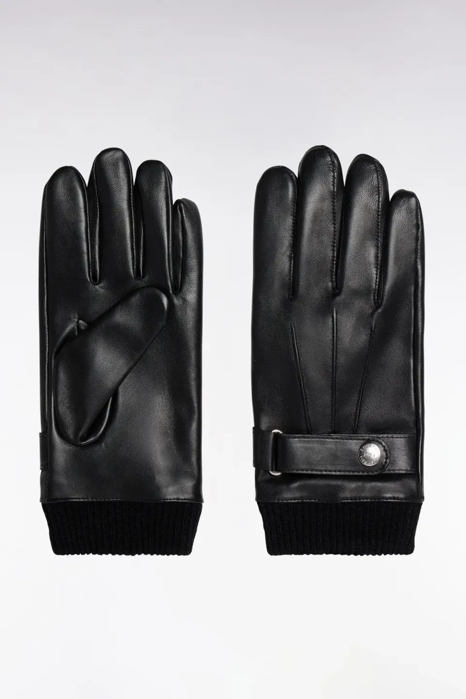 Eden Park gants cuir lisse noirs poignets tricotés