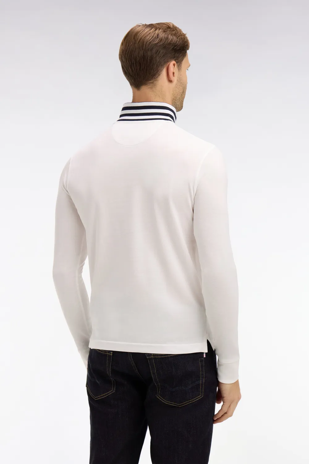 Eden Park polo manches longues blanc coton piqué col contrasté