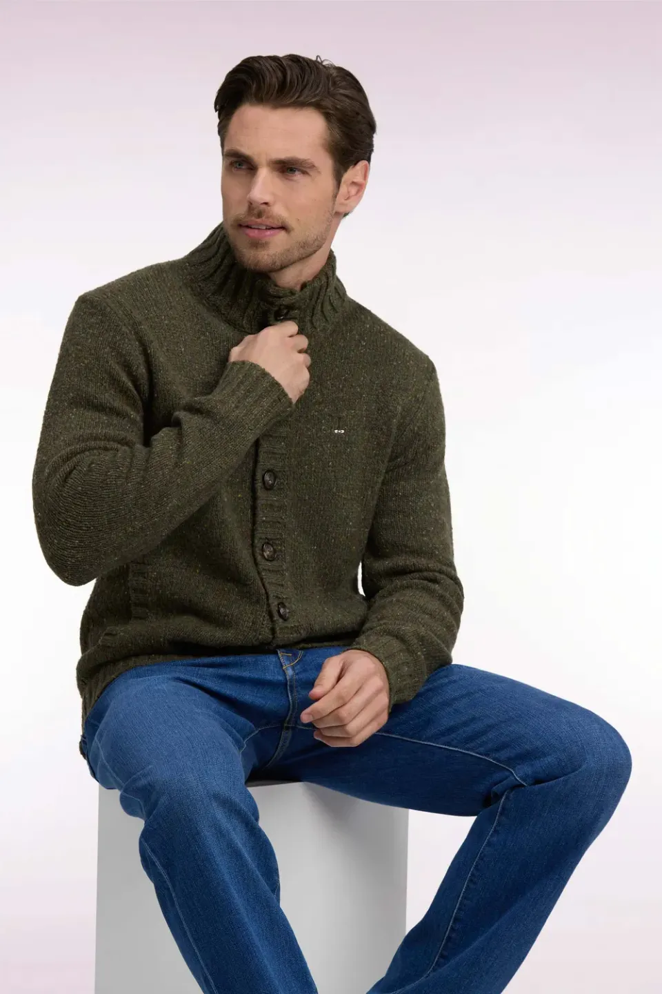 Eden Park Club Evolution cardigan maille kaki laine homme