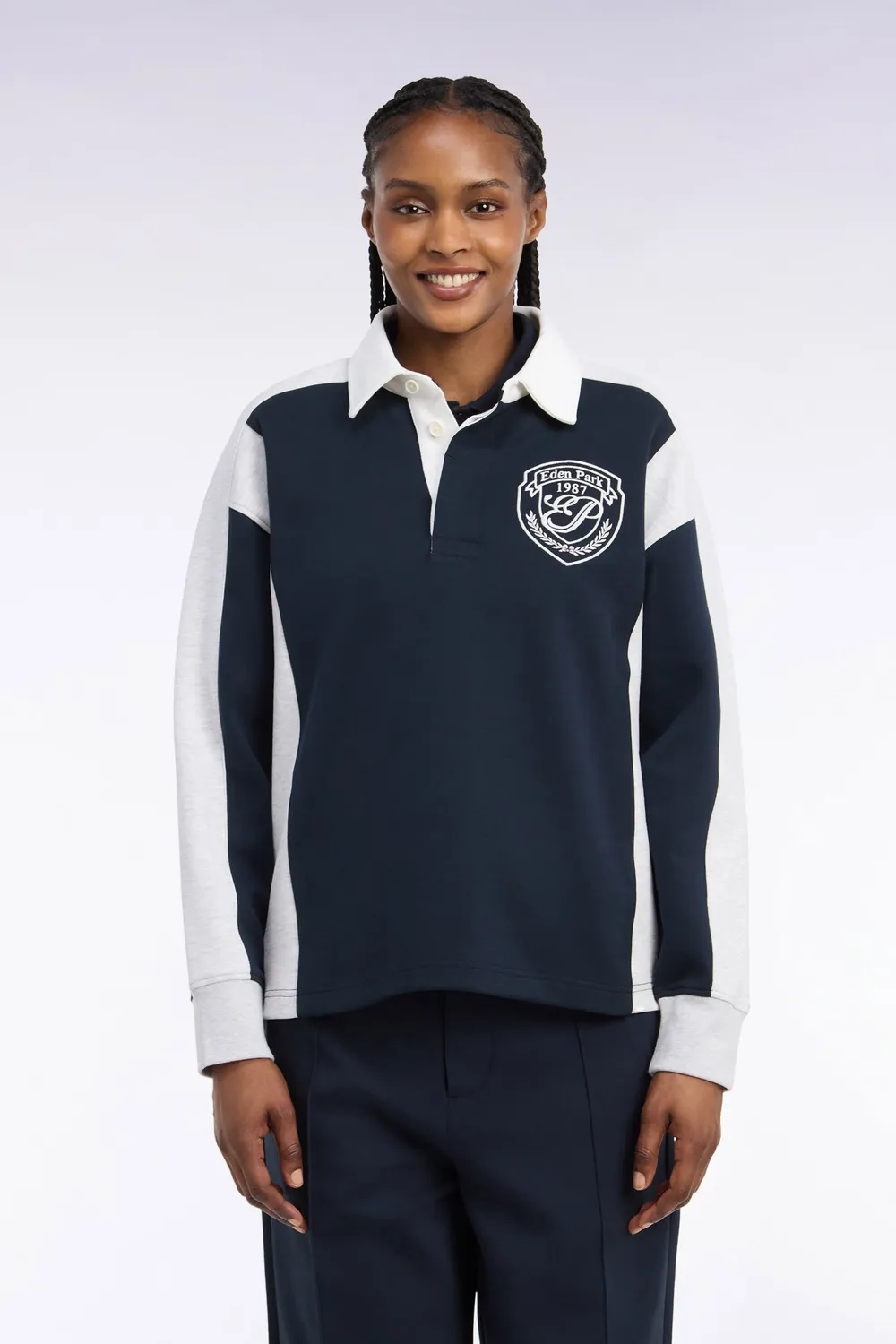 Eden Park Rugby Heritage sweat col maillot marine loose unisexe