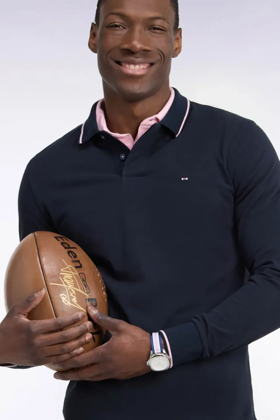 Eden Park polo manches longues piqué coton marine liseré rose