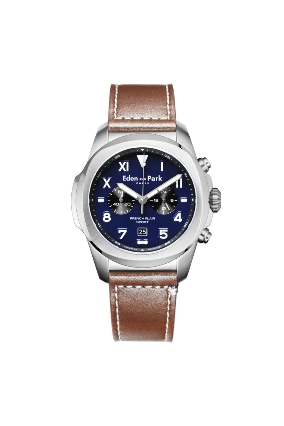 Eden Park Chronographe montre quartz bleue cuir camel 43mm