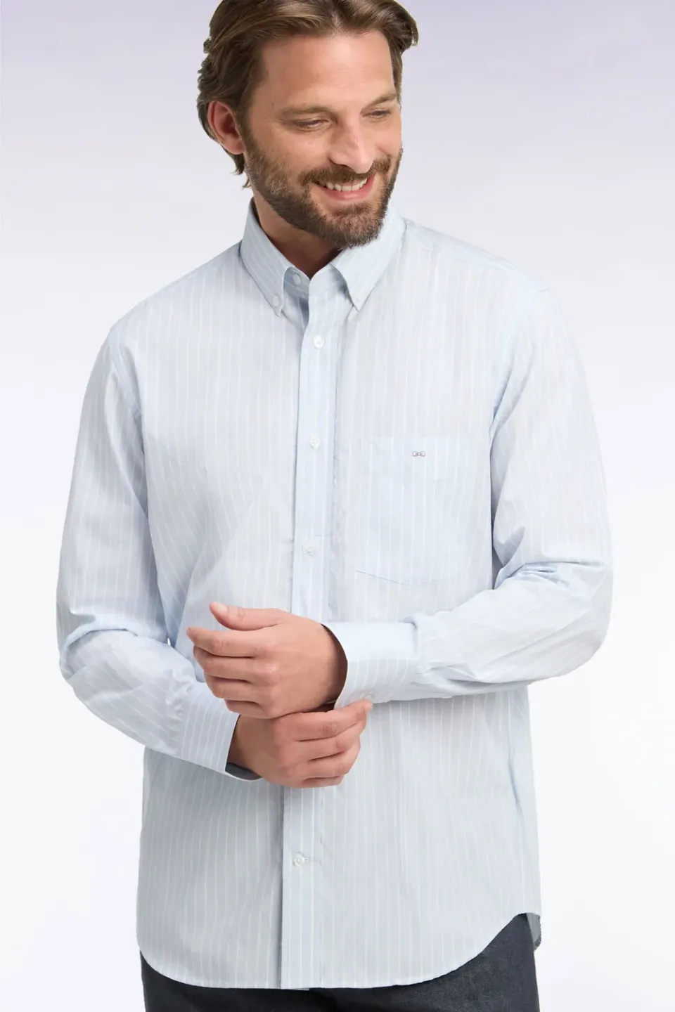 Eden Park chemise homme coton blanc rayures ciel coupe droite