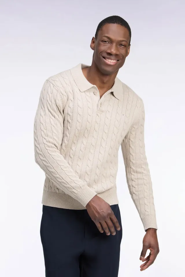 Eden Park pull torsades beige coton homme col maillot