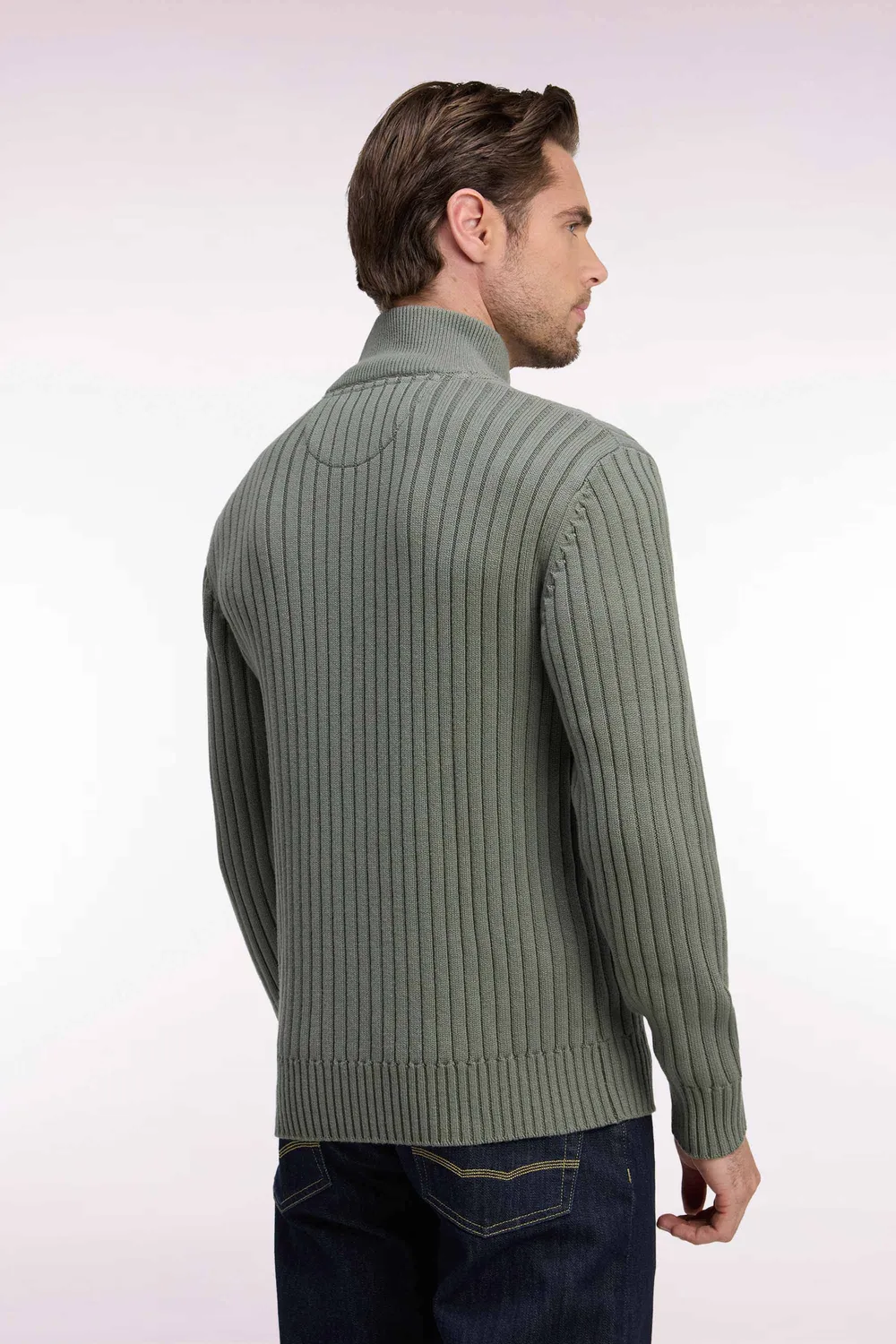 Eden Park cardigan zippé col camionneur kaki laine coton
