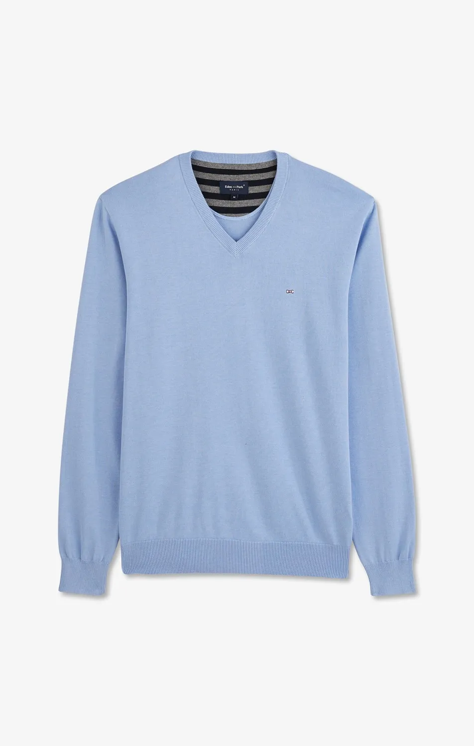Eden Park Pull Col V Coton Bleu Logo Rose Coupe Regular