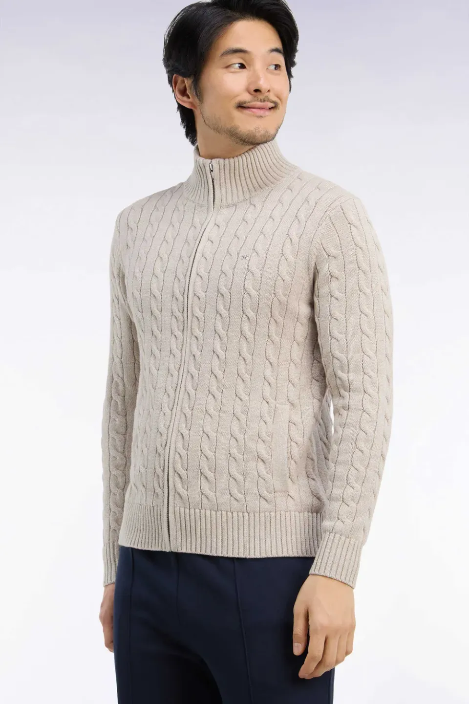 Eden Park cardigan torsades zippé coton beige coupe droite