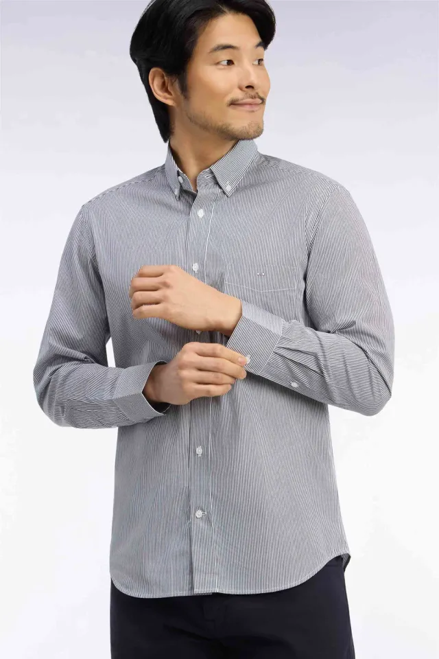 Eden Park chemise coton blanc rayures marine coupe droite