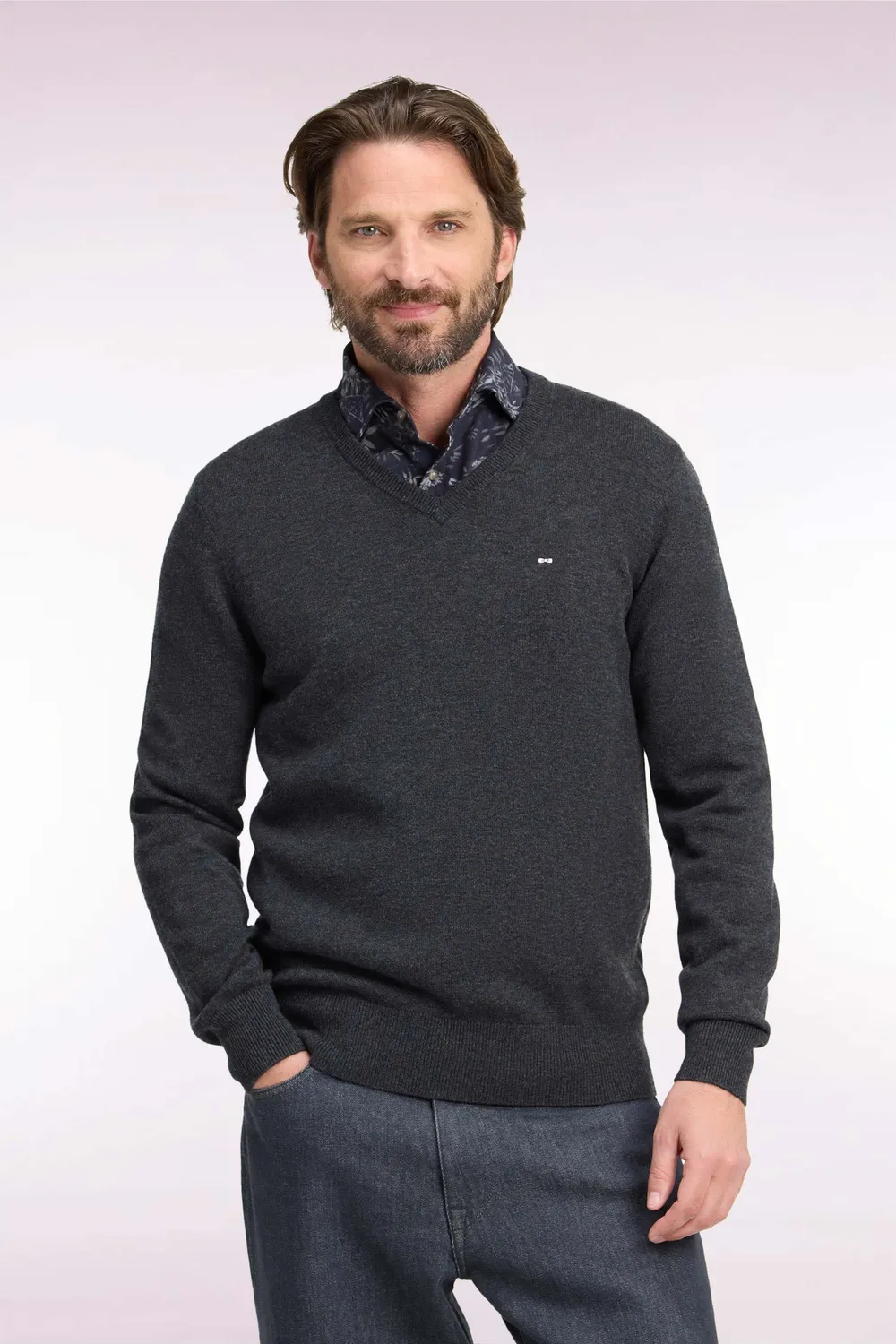 Eden Park pull col V laine coton gris foncé
