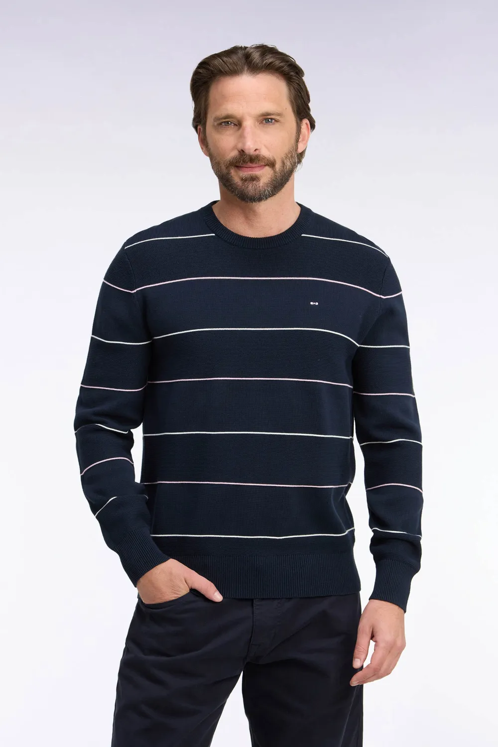 Eden Park pull col rond coton rayé marine coupe droite