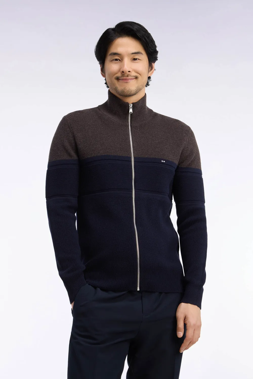 Eden Park cardigan zippé laine mérinos marine marron