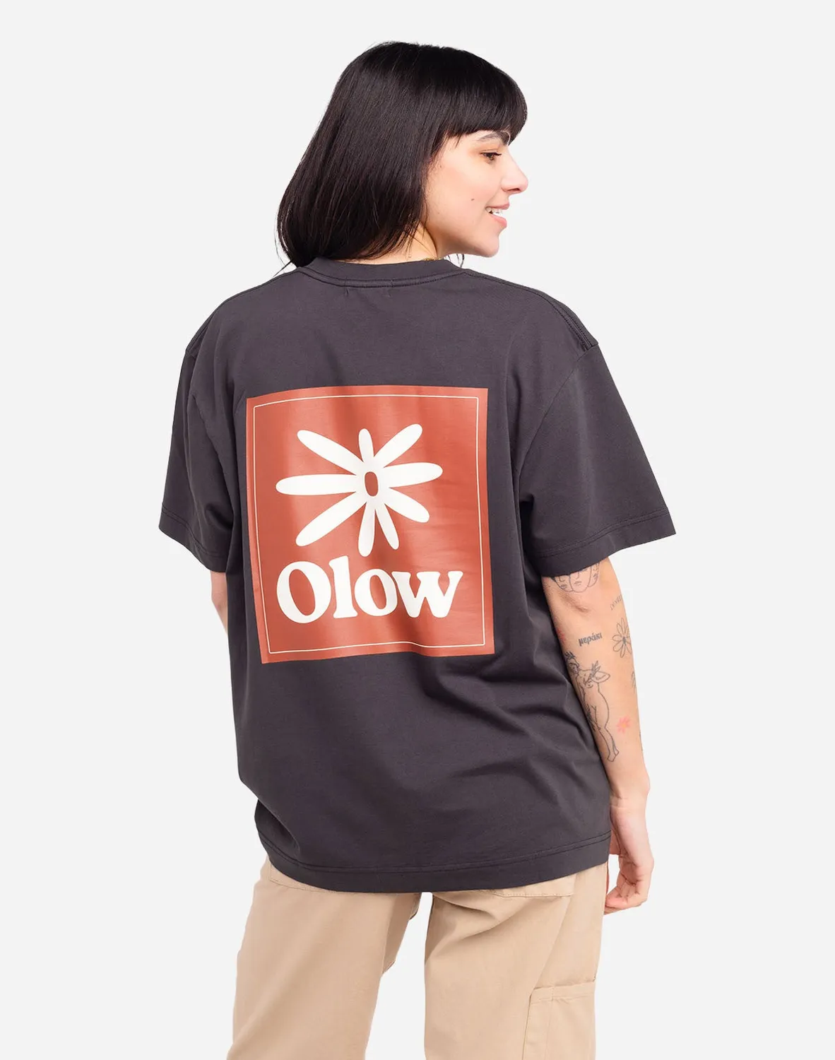 OLOW Flower t-shirt ample noir carbone coton bio