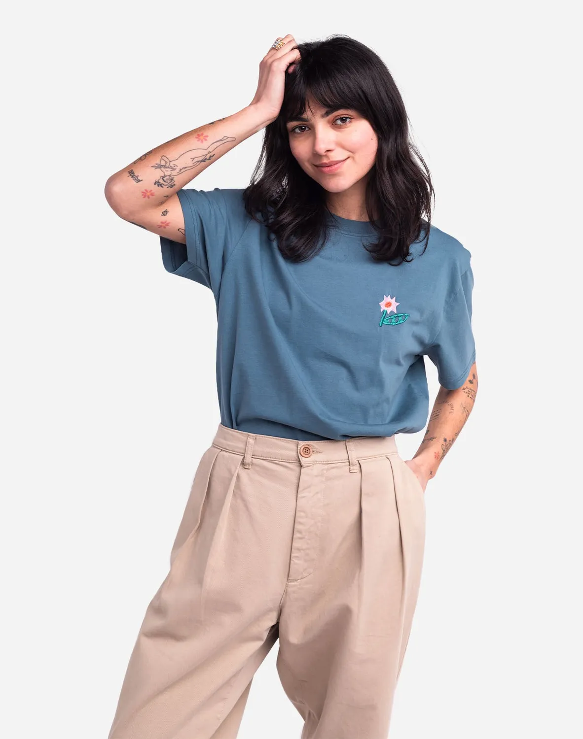 Olow Flowering t-shirt bleu acier coton bio
