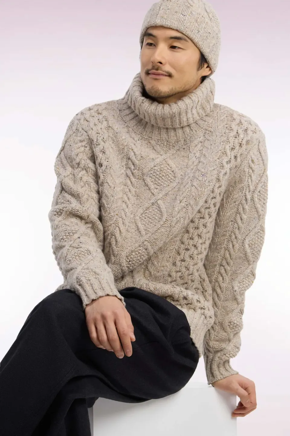 Eden Park Pull col roulé torsadé beige laine