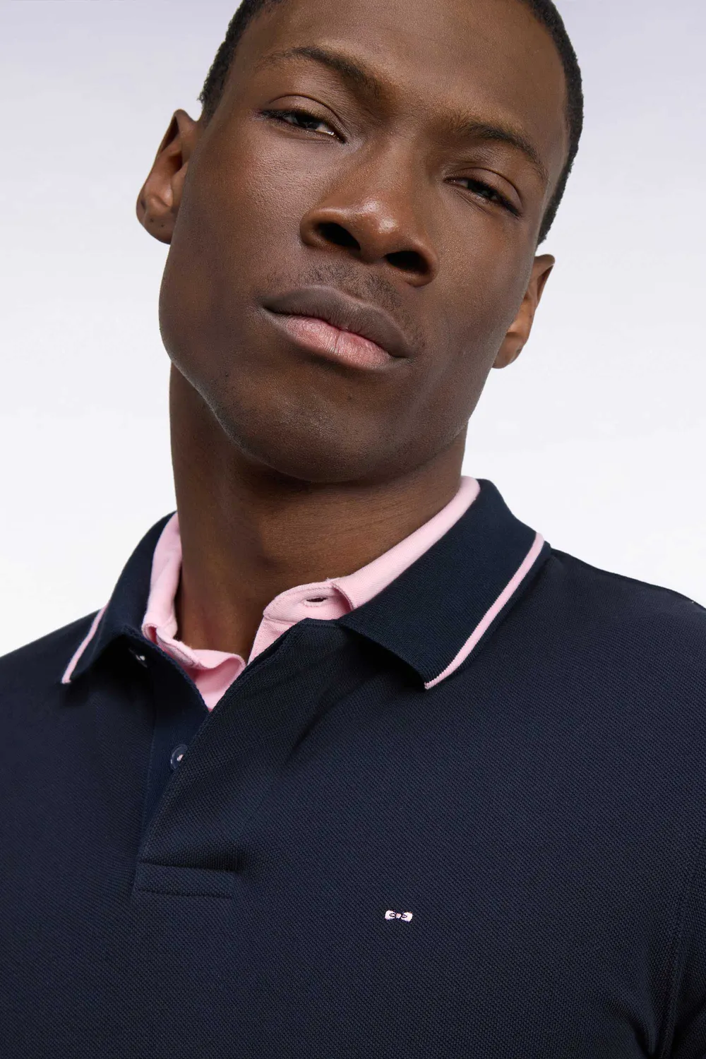 Eden Park polo manches longues piqué coton marine liseré rose