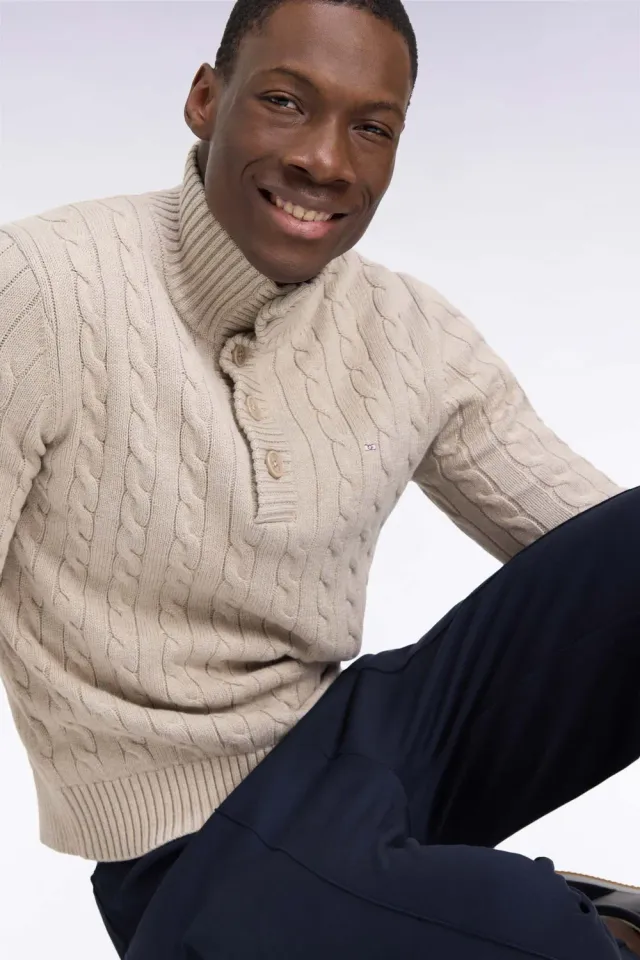 Eden Park pull homme beige torsades coton col boutonné droit
