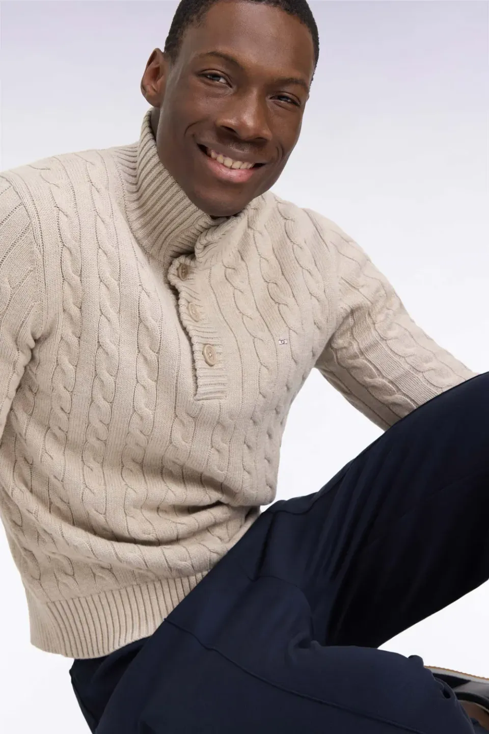 Eden Park pull homme beige torsades coton col boutonné droit