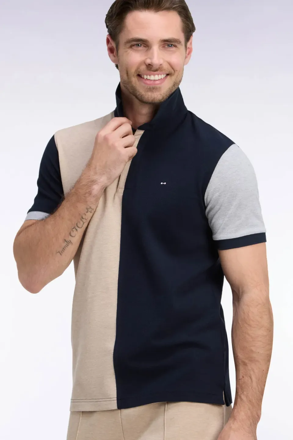 Eden Park polo beige tricolore coton peigne coupe droite