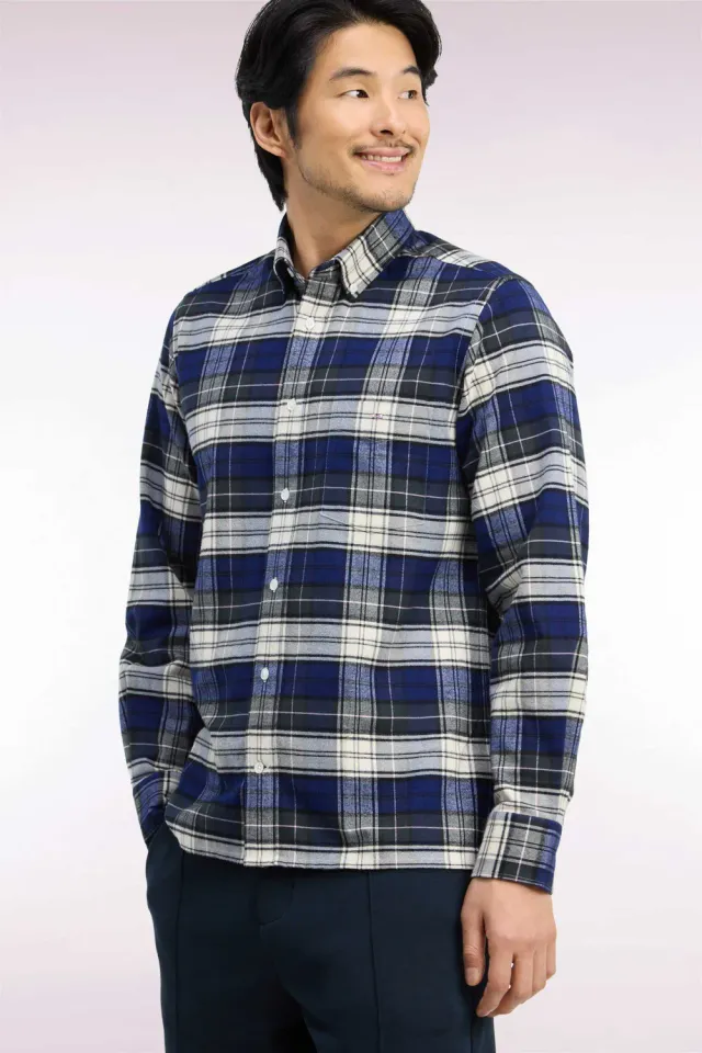 Eden Park chemise carreaux vert marine coton droite