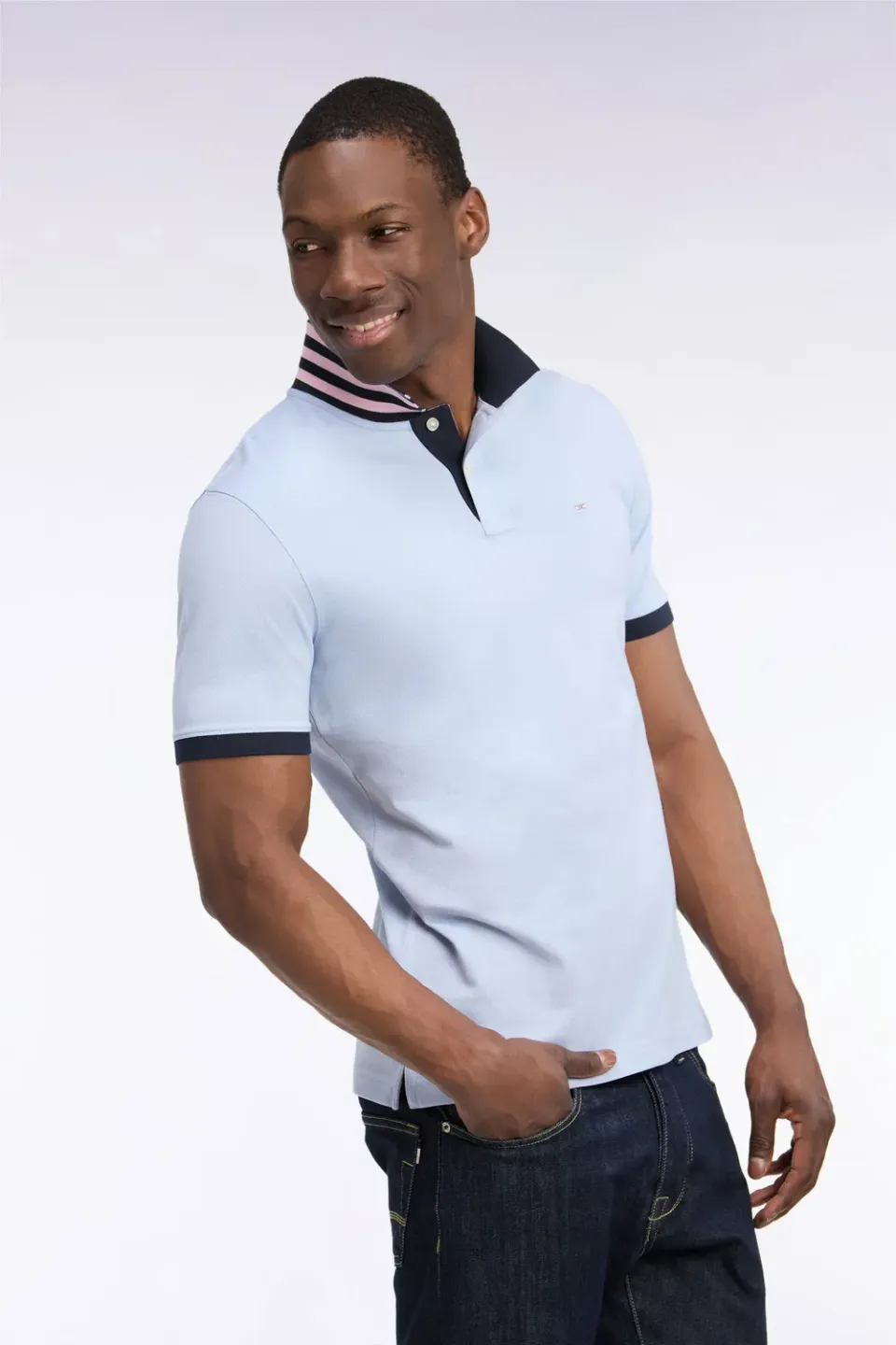 Eden Park Polo Coton Pima Gris Sous-Col Rayé Droit Homme