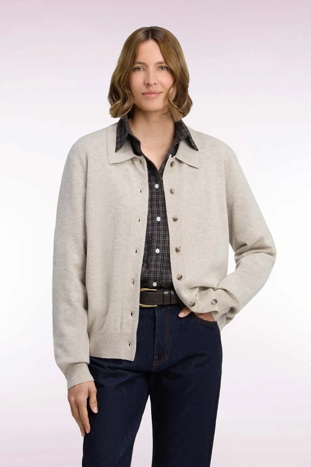 Eden Park Club cardigan femme laine cachemire beige col polo