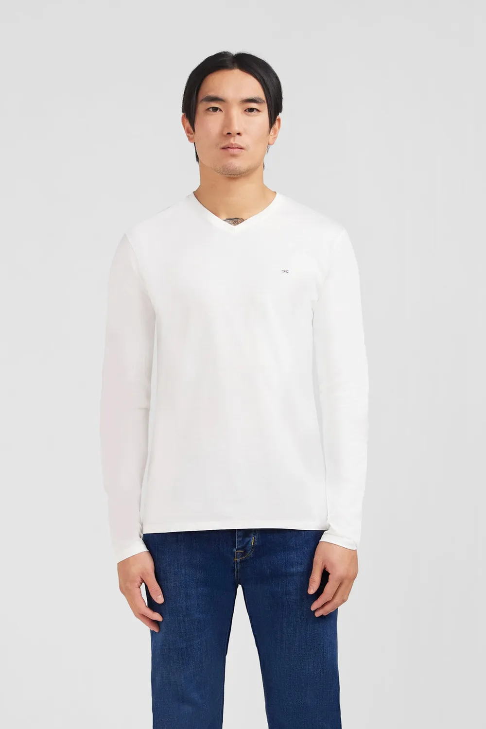 Eden Park t-shirt col V blanc manches longues pima