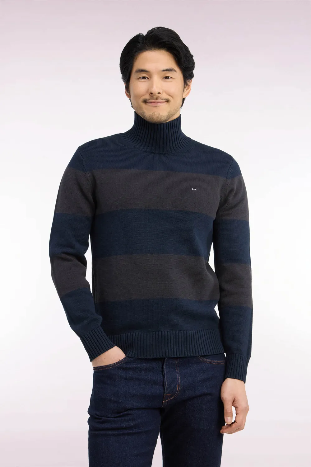 Eden Park Tradi Preppy pull homme col cheminée rayé marron