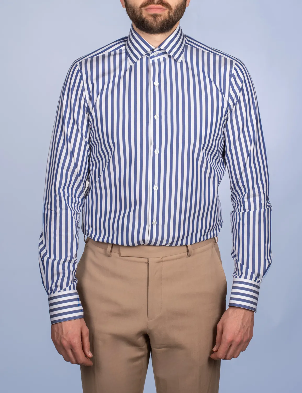 La Chemise Française Rayure Bâton Bleue 7mm chemise homme col italien