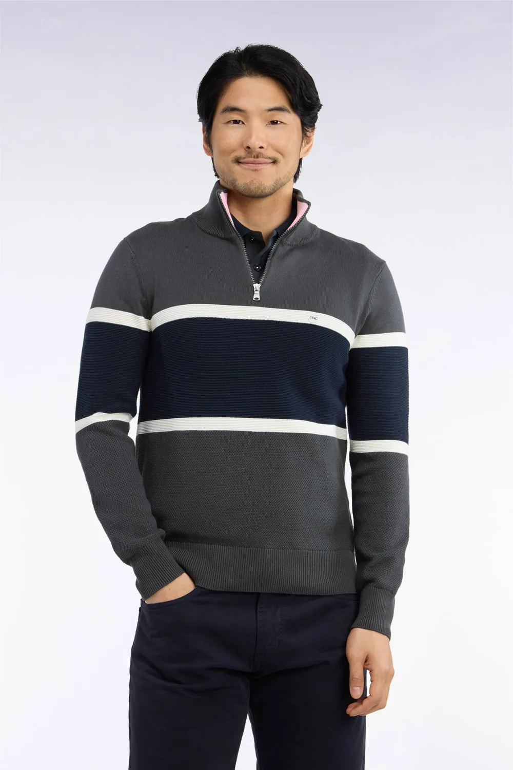 Eden Park Tricolore pull col camionneur kaki coton coupe droite