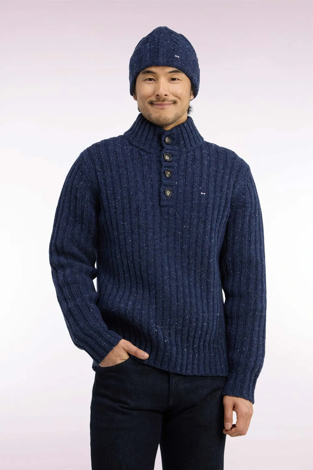 Eden Park pull col montant bleu chiné maille épaisse homme