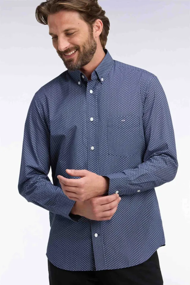 Eden Park chemise coton bleu micromotifs coupe droite