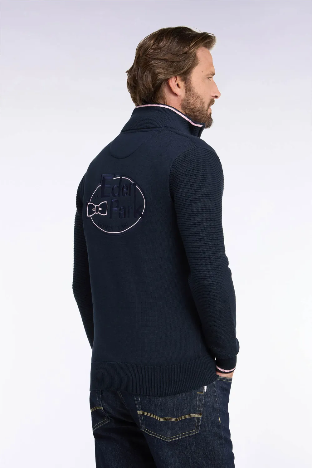 Eden Park cardigan jersey coton marine zippé broderie dos