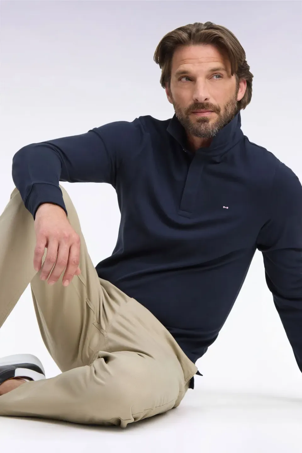 Eden Park Polo Manches Longues Coton Stretch Marine Coupe Ajustée
