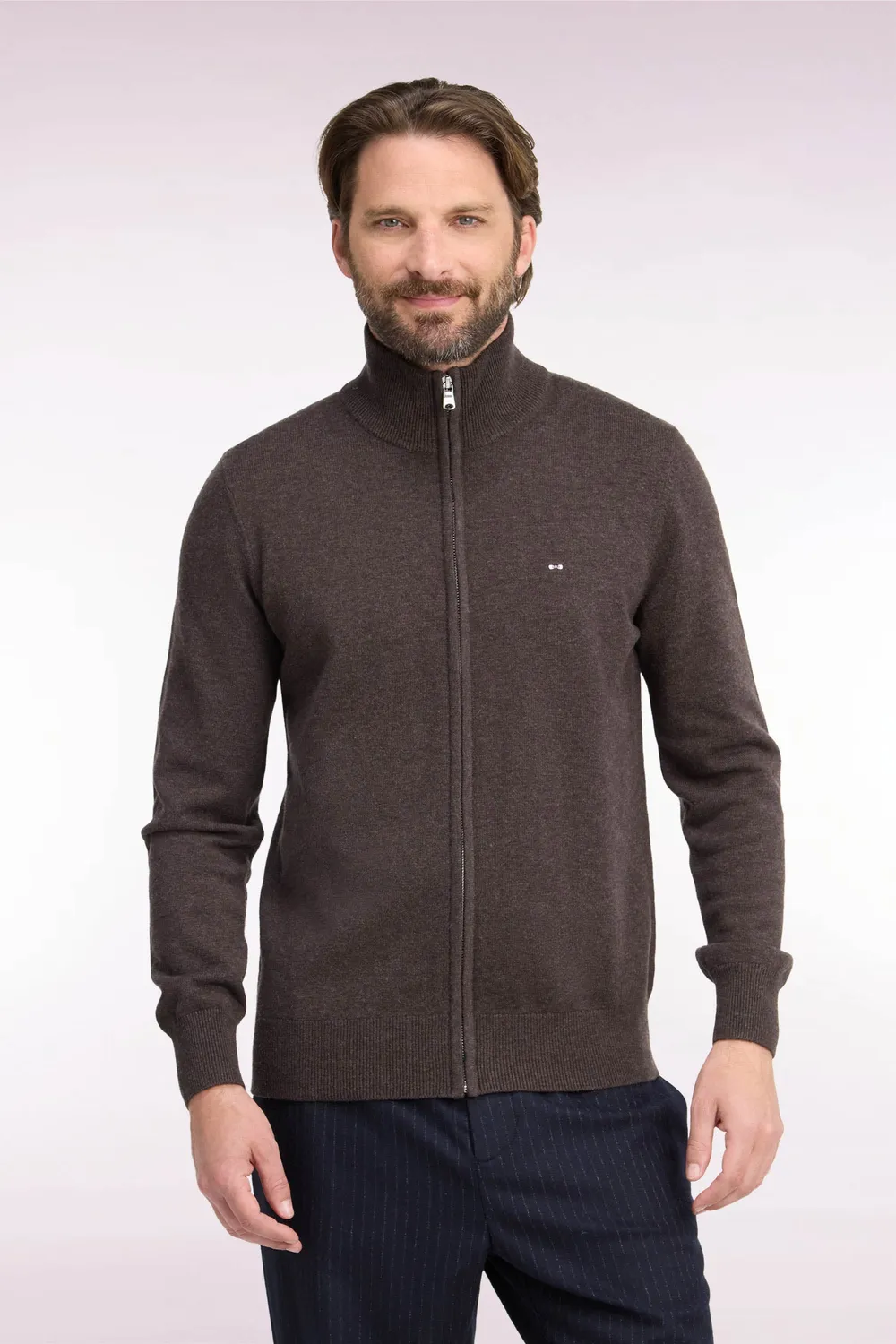 Eden Park cardigan zippé marron laine coton