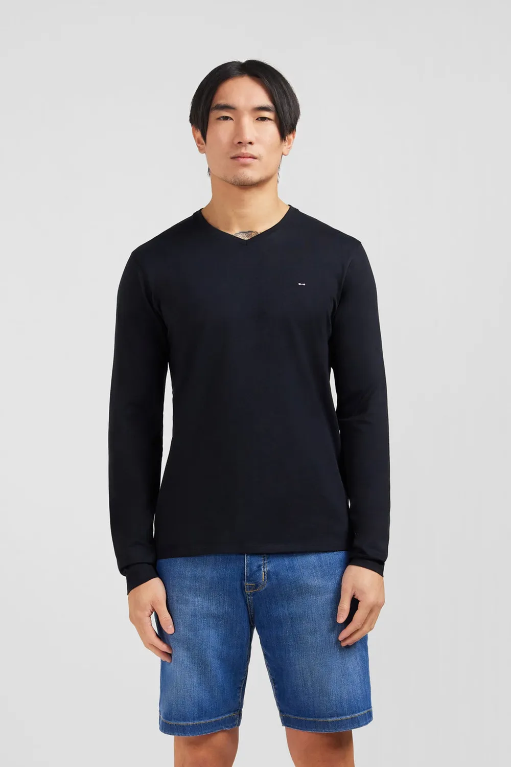 Eden Park t-shirt col V noir manches longues pima