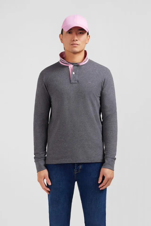 Eden Park polo manches longues coton gris col contrasté
