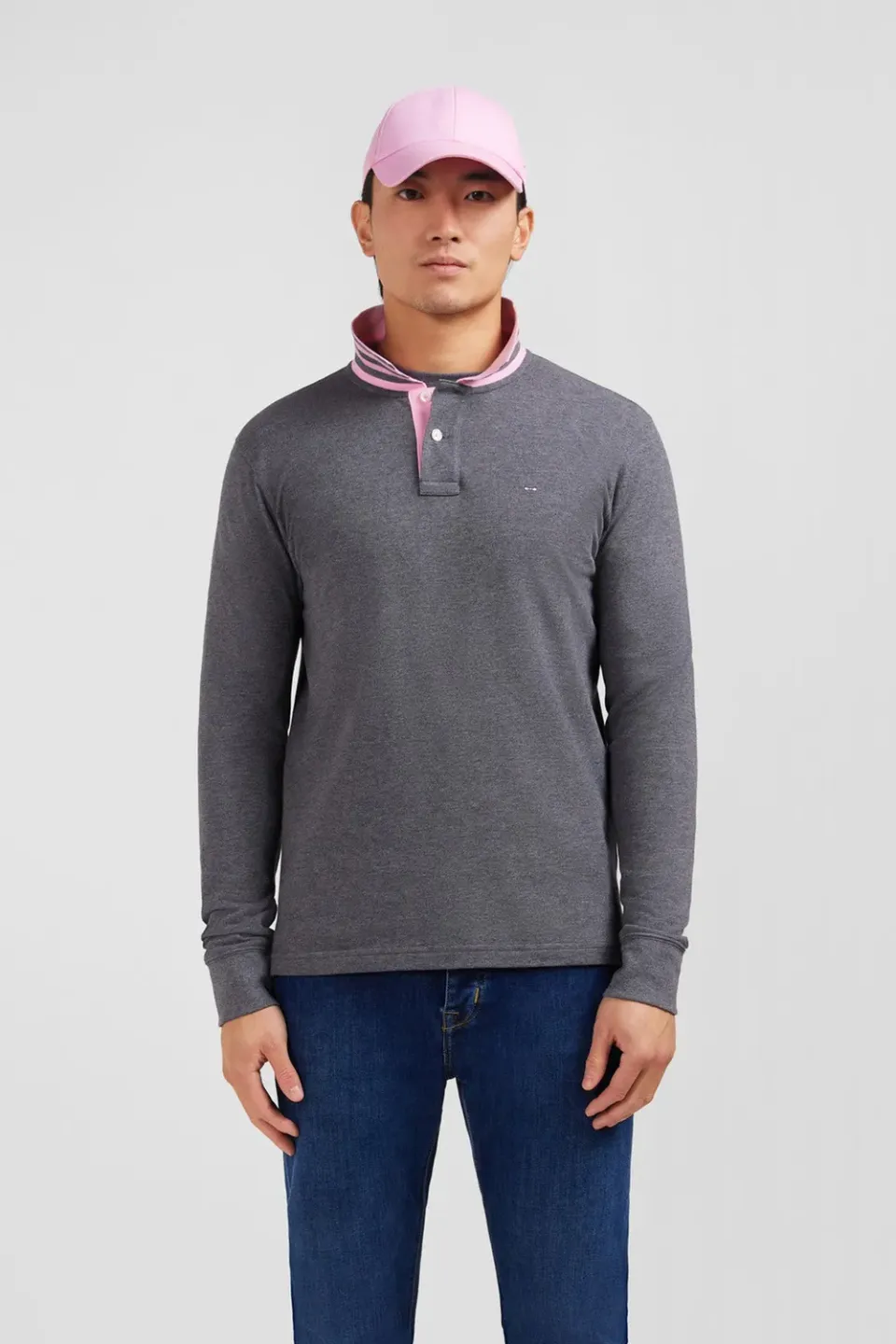 Eden Park polo manches longues coton gris col contrasté